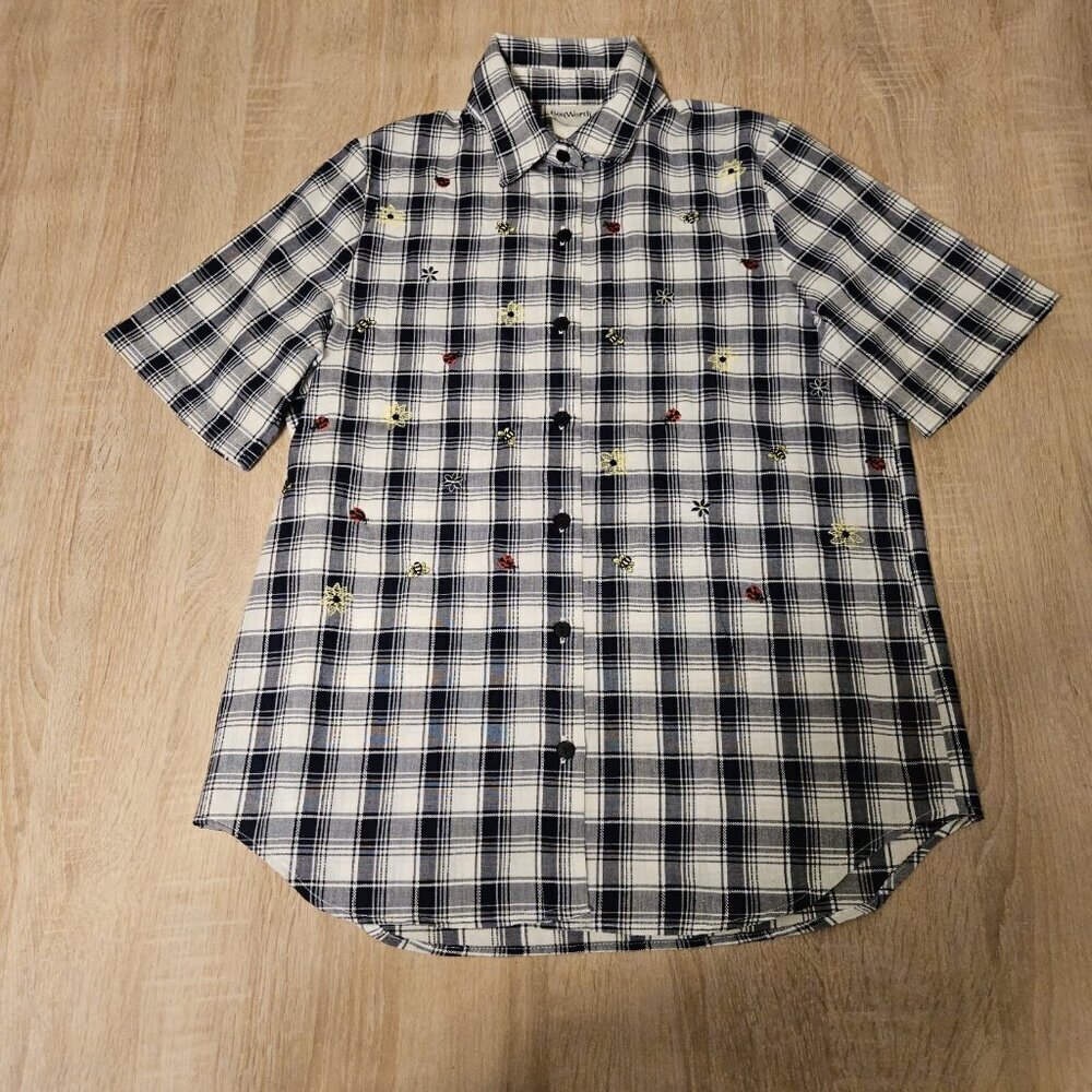 Bon Worth Size Xs Womens Blue Plaid Shirt Embroidrred Bees Flowers Ladybugs